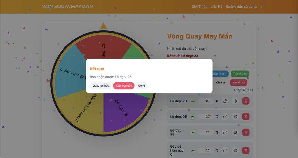 Công cụ vòng quay may mắn quay trúng số lô 23